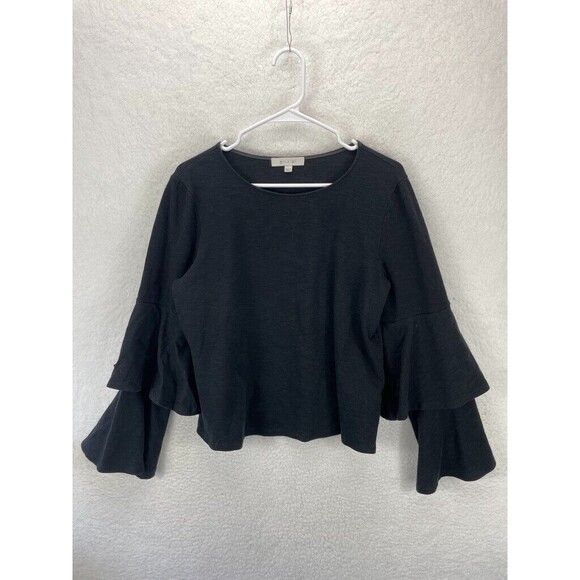 Anthropologie Eri + Ali Ruffle Top Women’s Size L Black‎ Tiered Short Sleeve - Picture 2 of 8